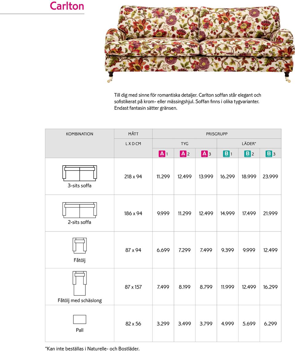 299 12.499 1.999 16.299 18.999 2.999 2-sits soffa 186 x 94 9.999 11.299 12.499 14.999 17.499 21.999 87 x 94 6.699 7.299 7.499 9.99 9.999 12.