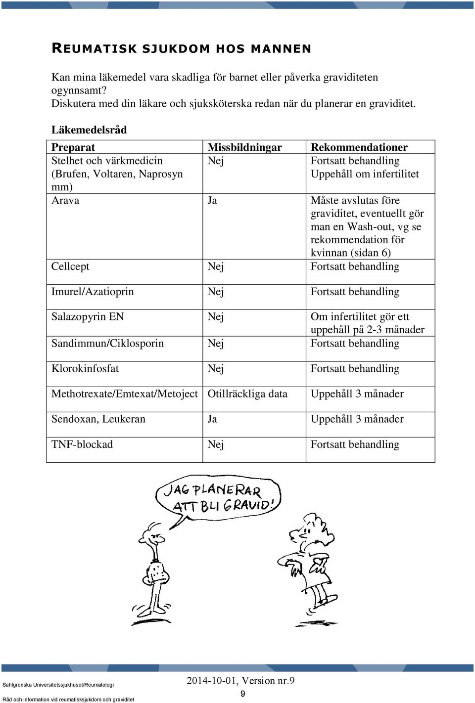 graviditet, eventuellt gör man en Wash-out, vg se rekommendation för kvinnan (sidan 6) Cellcept Nej Fortsatt behandling Imurel/Azatioprin Nej Fortsatt behandling Salazopyrin EN Nej Om infertilitet