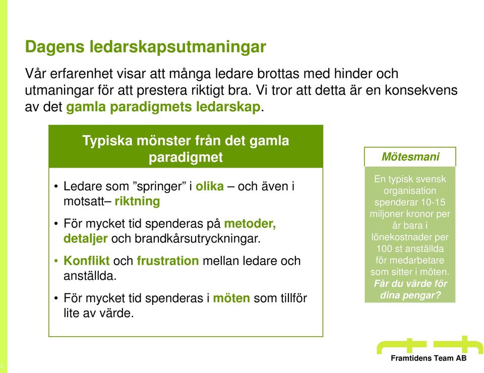 Typiska mönster från det gamla paradigmet Ledare som springer i olika och även i motsatt riktning För mycket tid spenderas på metoder, detaljer och