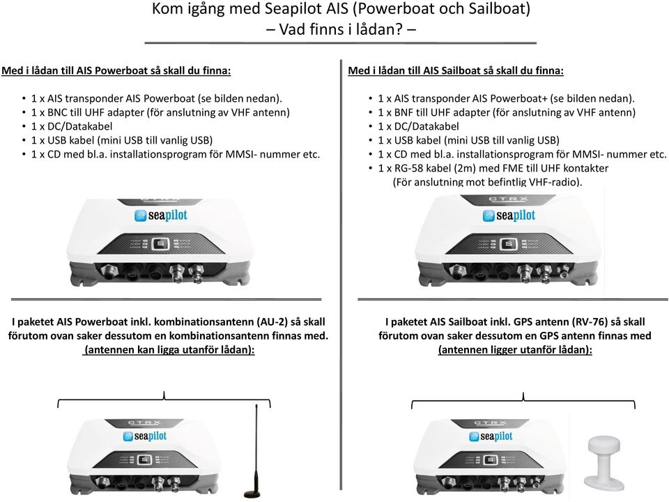 Med i lådan till AIS Sailboat så skall du finna: 1 x AIS transponder AIS Powerboat+ (se bilden nedan).