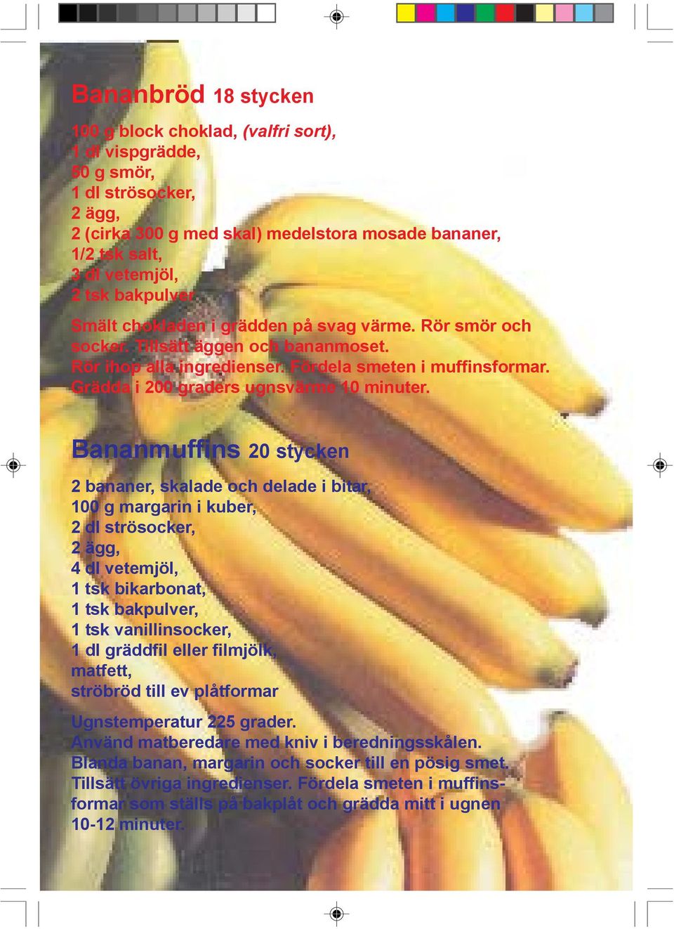 Bananmuffins 20 stycken 2 bananer, skalade och delade i bitar, 100 g margarin i kuber, 2 dl strösocker, 4 dl vetemjöl, 1 tsk bikarbonat, 1 tsk bakpulver, 1 tsk vanillinsocker, 1 dl gräddfil eller