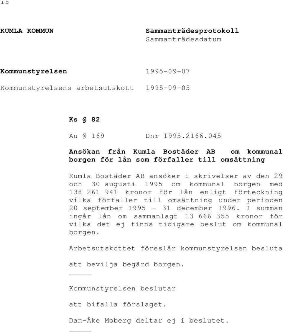 138 261 941 kronor för lån enligt förteckning vilka förfaller till omsättning under perioden 20 september 1995-31 december 1996.