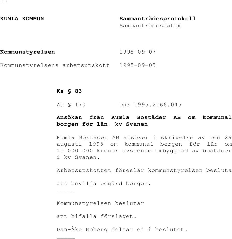 045 Ansökan från Kumla Bostäder AB om kommunal borgen för lån, kv Svanen Kumla Bostäder AB ansöker i skrivelse av den 29 augusti 1995