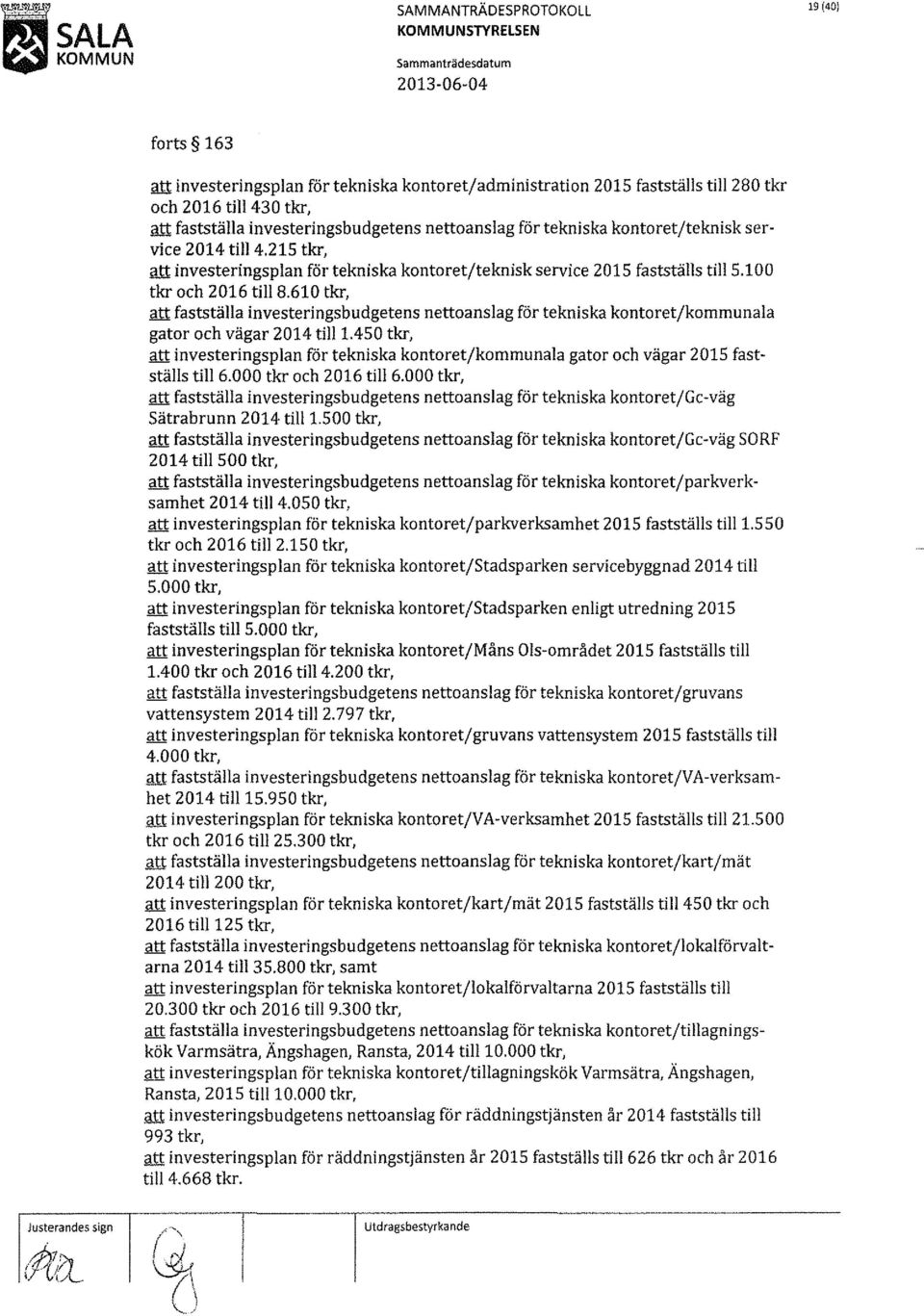 100 tkr och 2016 till8.610 tkr, m fastställa investeringsbudgetens nettoanslag för tekniska kontoret/kommunala gator och vägar 2014 till1.
