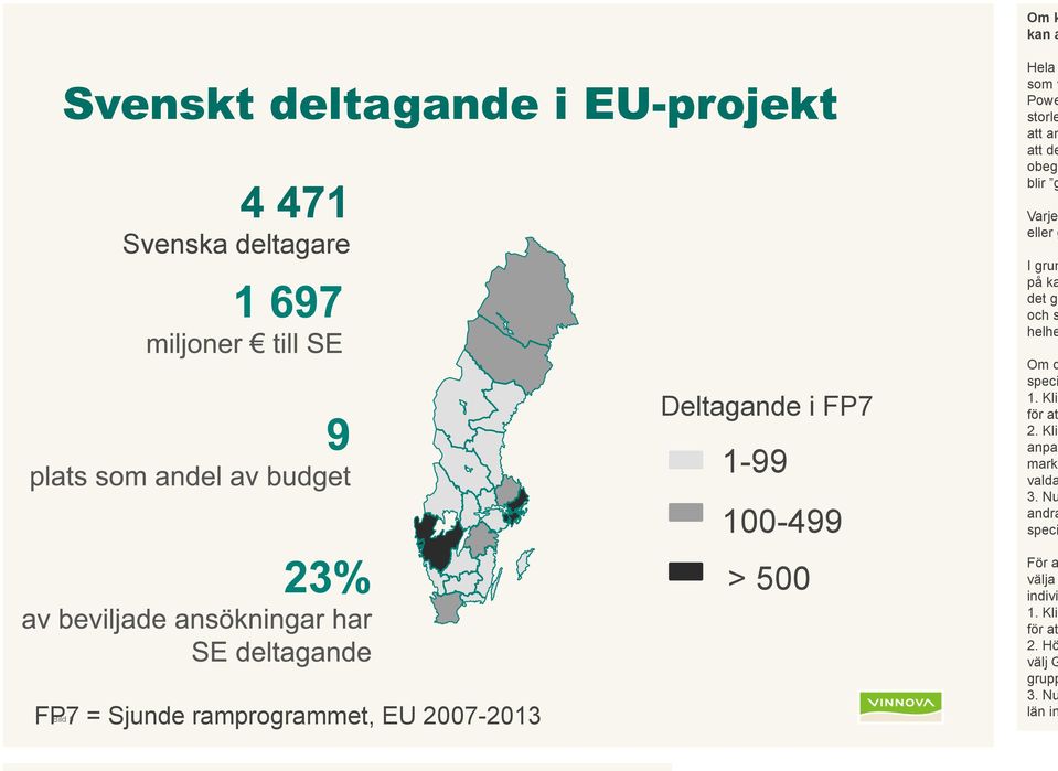 ramprogrammet, EU 2007-2013 Deltagande i FP7 1-99 100-499 > 500 Om d speci 1. Klic för at 2.