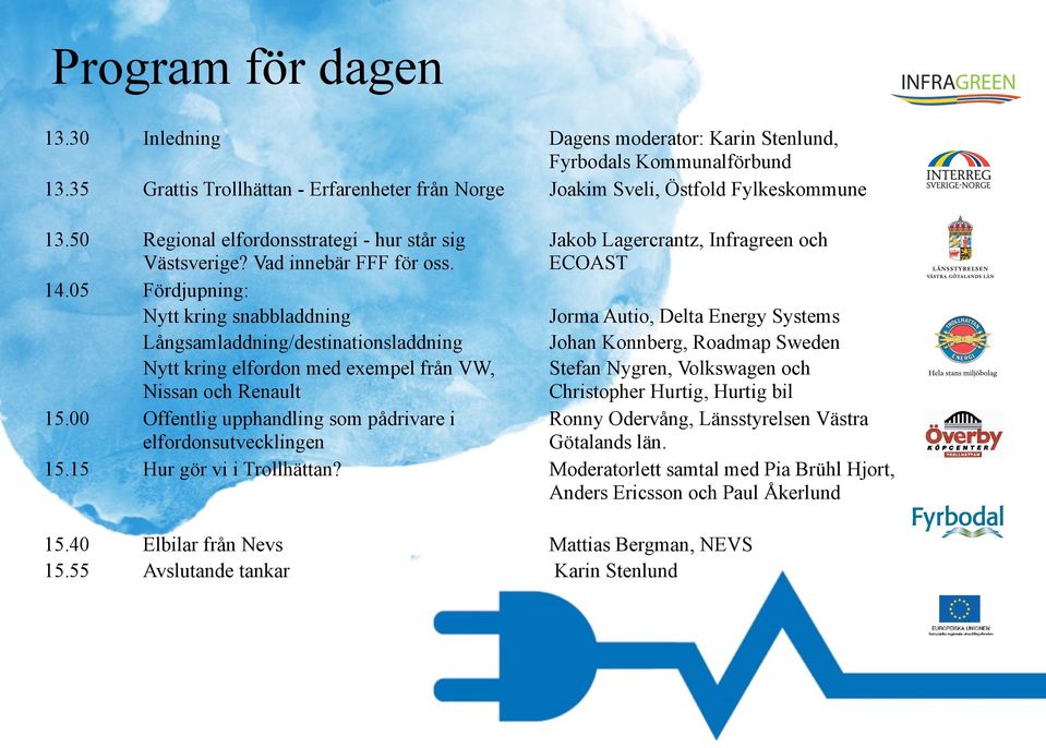 05 Fördjupning: Nytt kring snabbladdning Jorma Autio, Delta Energy Systems Långsamladdning/destinationsladdning Johan Konnberg, Roadmap Sweden Nytt kring elfordon med exempel från VW, Nissan och