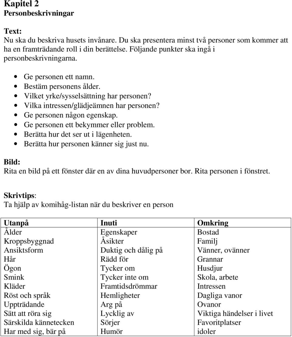 Ge personen någon egenskap. Ge personen ett bekymmer eller problem. Berätta hur det ser ut i lägenheten. Berätta hur personen känner sig just nu.