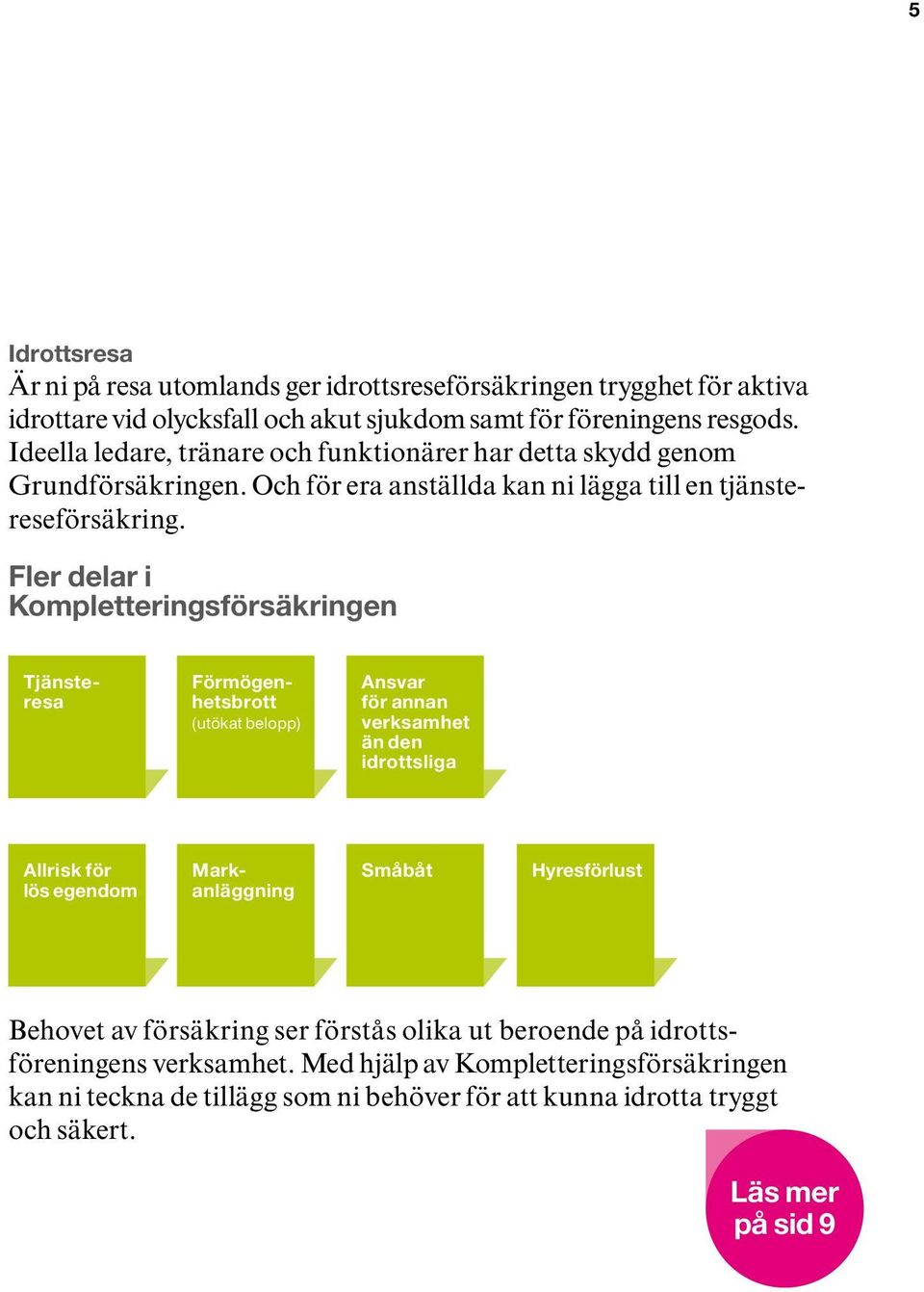 Fler delar i Kompletteringsförsäkringen Tjänsteresa Förmögenhetsbrott (utökat belopp) Ansvar för annan verksamhet än den idrottsliga Allrisk för lös egendom Markanläggning Småbåt