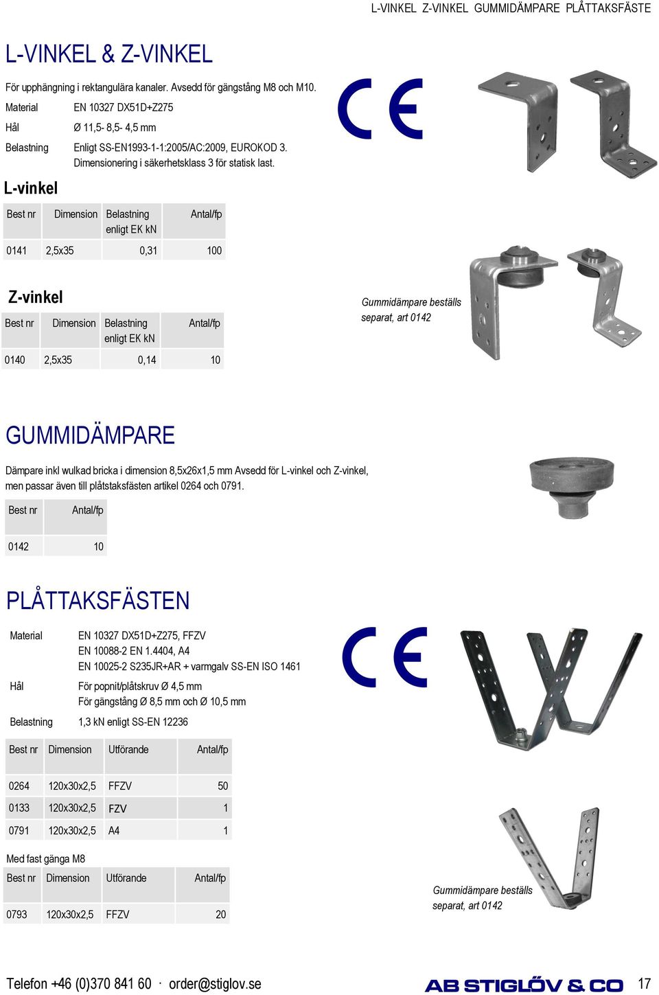 L-vinkel Best nr Dimension Belastning enligt EK kn 0141 2,5x35 0,31 100 Z-vinkel Best nr Dimension Belastning enligt EK kn 0140 2,5x35 0,14 10 Gummidämpare beställs separat, art 0142 GUMMIDÄMPARE