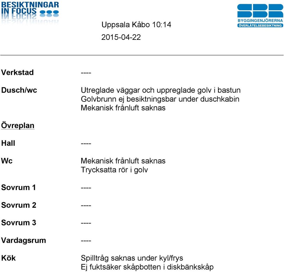 Mekanisk frånluft saknas Trycksatta rör i golv Sovrum 1 ---- Sovrum 2 ---- Sovrum 3