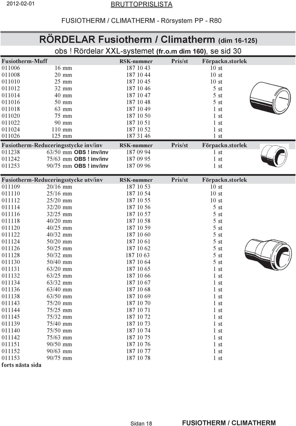 49 1 st 011020 75 mm 187 10 50 1 st 011022 90 mm 187 10 51 1 st 011024 110 mm 187 10 52 1 st 011026 125 mm 187 31 46 1 st Fusiotherm-Reduceringsstycke inv/inv RSK-nummer Pris/st Förpackn.