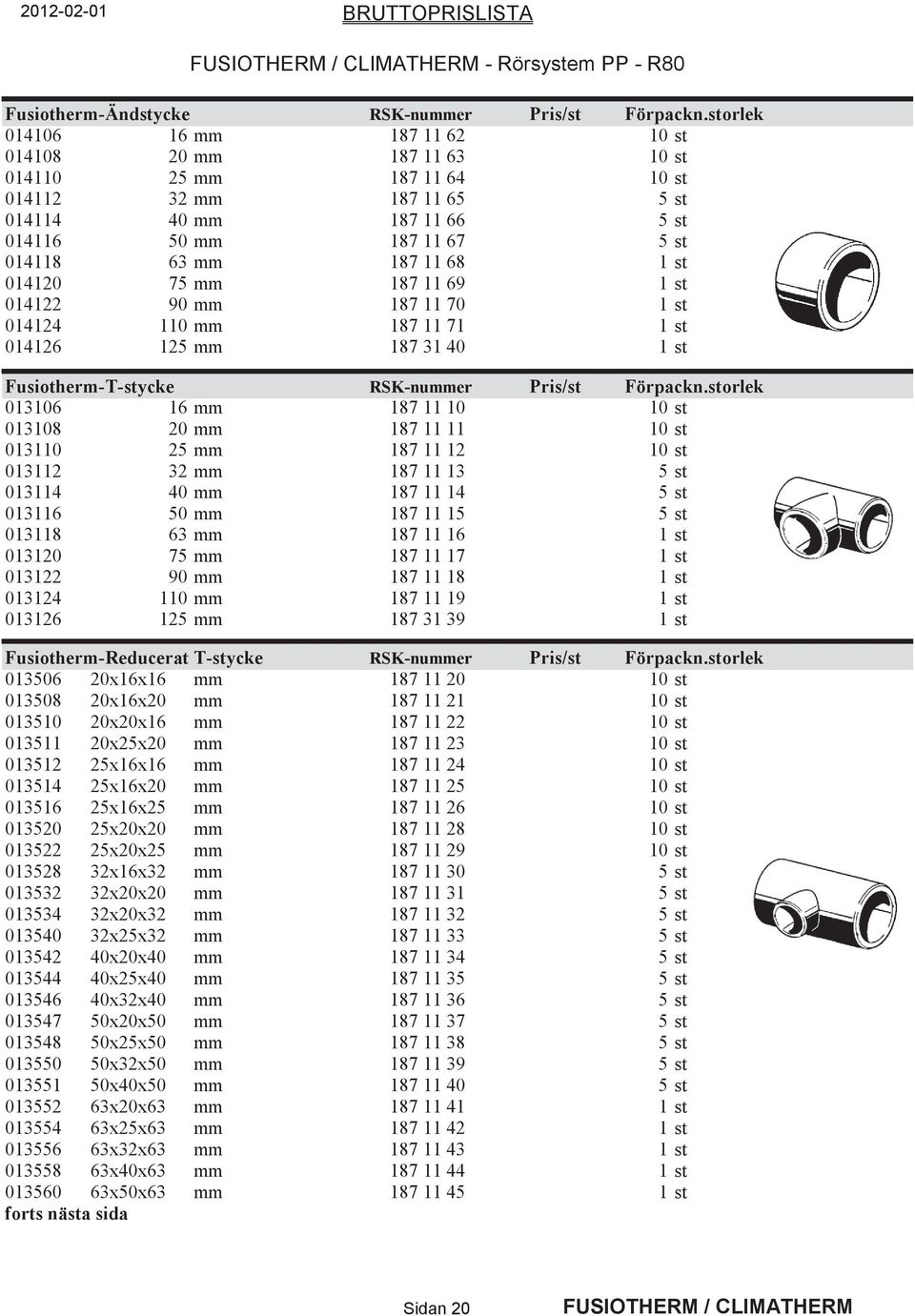 68 1 st 014120 75 mm 187 11 69 1 st 014122 90 mm 187 11 70 1 st 014124 110 mm 187 11 71 1 st 014126 125 mm 187 31 40 1 st Fusiotherm-T-stycke RSK-nummer Pris/st Förpackn.