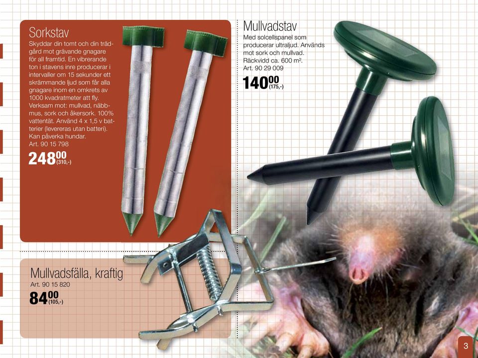 att fl y. Verksam mot: mullvad, näbbmus, sork och åkersork. 100% vattentät. Använd 4 x 1,5 v batterier (levereras utan batteri). Kan påverka hundar.