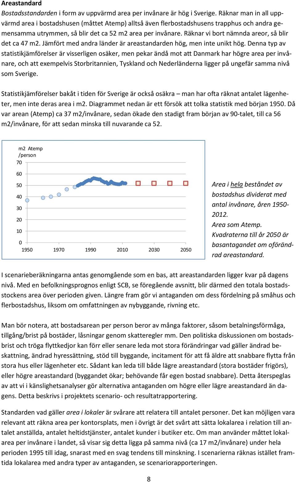 Räknar vi bort nämnda areor, så blir det ca 47 m2. Jämfört med andra länder är areastandarden hög, men inte unikt hög.