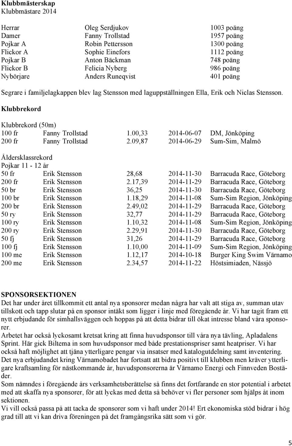 Klubbrekord Klubbrekord (50m) 100 fr Fanny Trollstad 1.00,33 2014-06-07 DM, Jönköping 200 fr Fanny Trollstad 2.