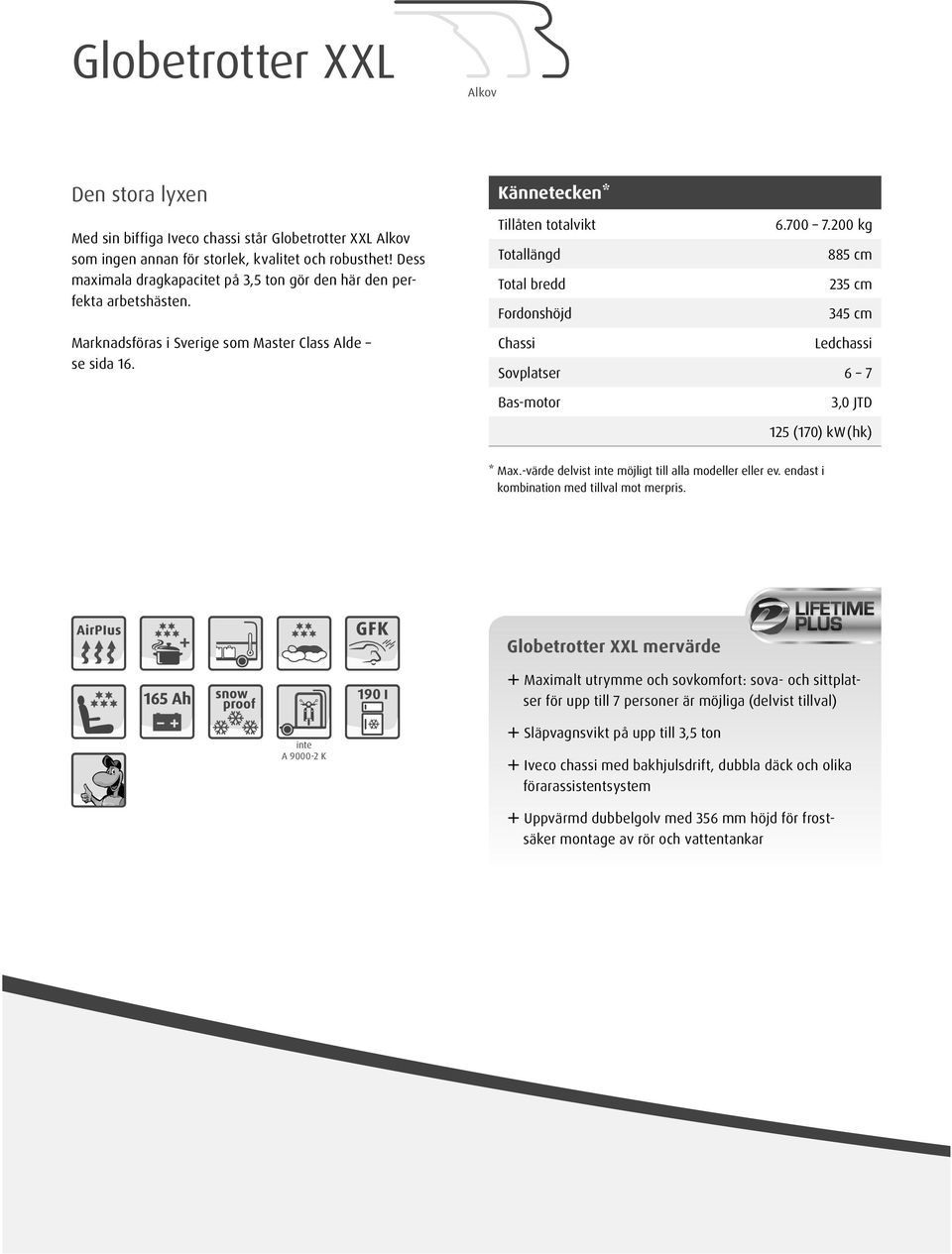 200 kg Totallängd 885 Total bredd 235 Fordonshöjd 345 Chassi Ledchassi Sovplatser 6 7 Bas-motor 3,0 JTD 125 ( 170 ) kw (hk) * Max.-värde delvist inte möjligt till alla modeller eller ev.