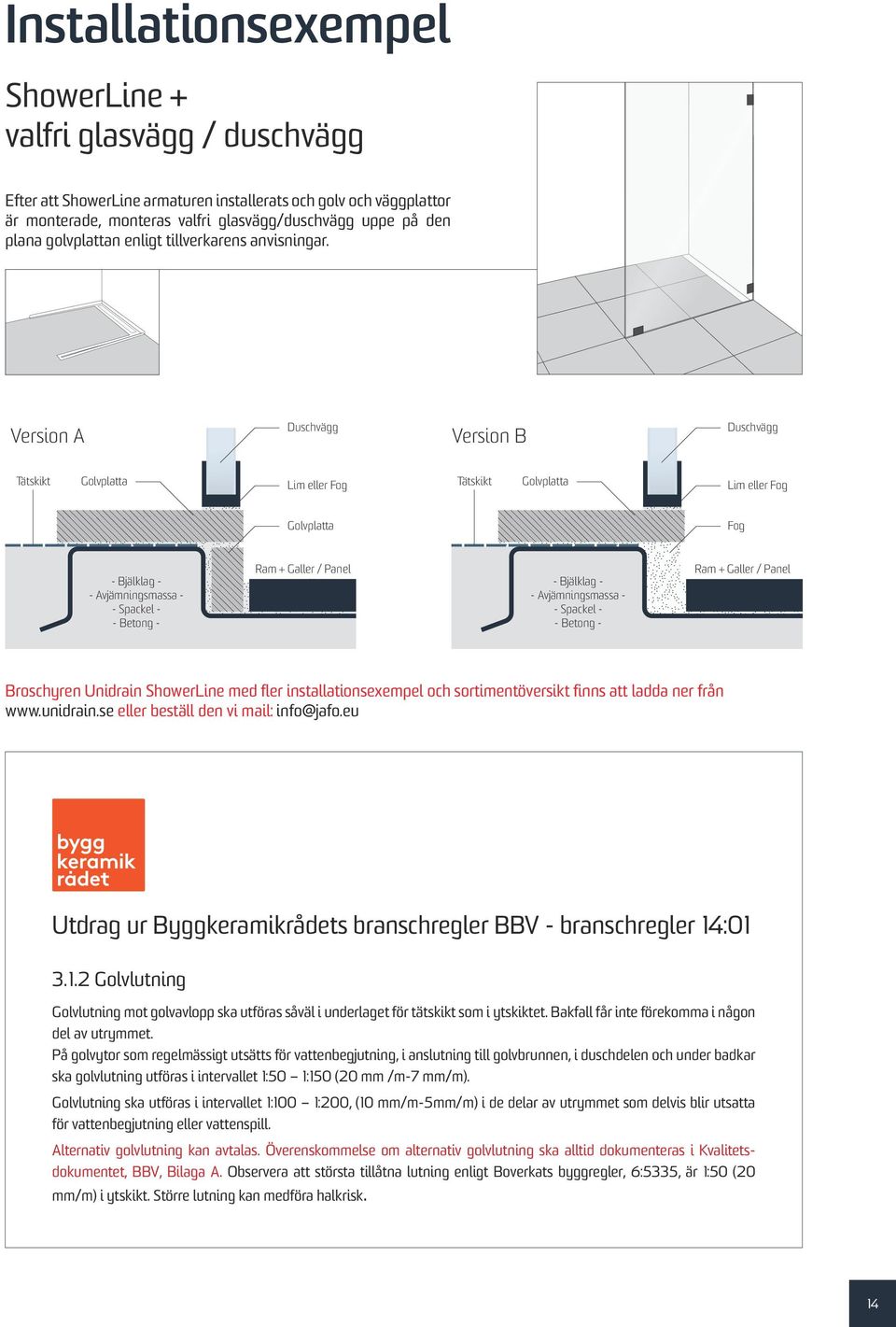 Version A Duschvägg Version B Duschvägg Tätskikt Golvplatta Lim eller Fog Tätskikt Golvplatta Lim eller Fog Golvplatta Fog - Bjälklag - - Avjämningsmassa - - Spackel - - Betong - Ram + Galler / Panel