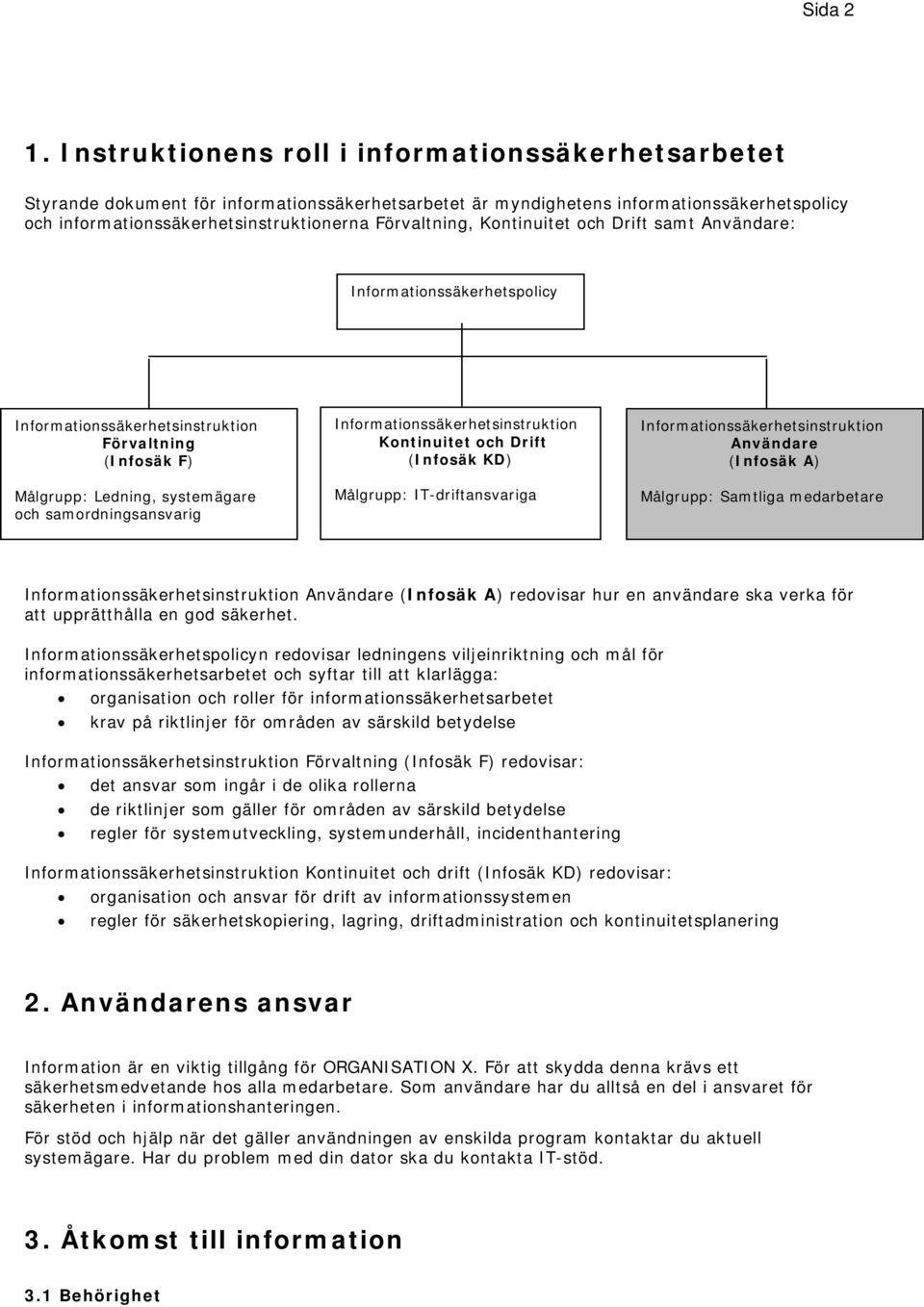Kontinuitet och Drift samt Användare: Informationssäkerhetspolicy Informationssäkerhetsinstruktion Förvaltning (Infosäk F) Målgrupp: Ledning, systemägare och samordningsansvarig