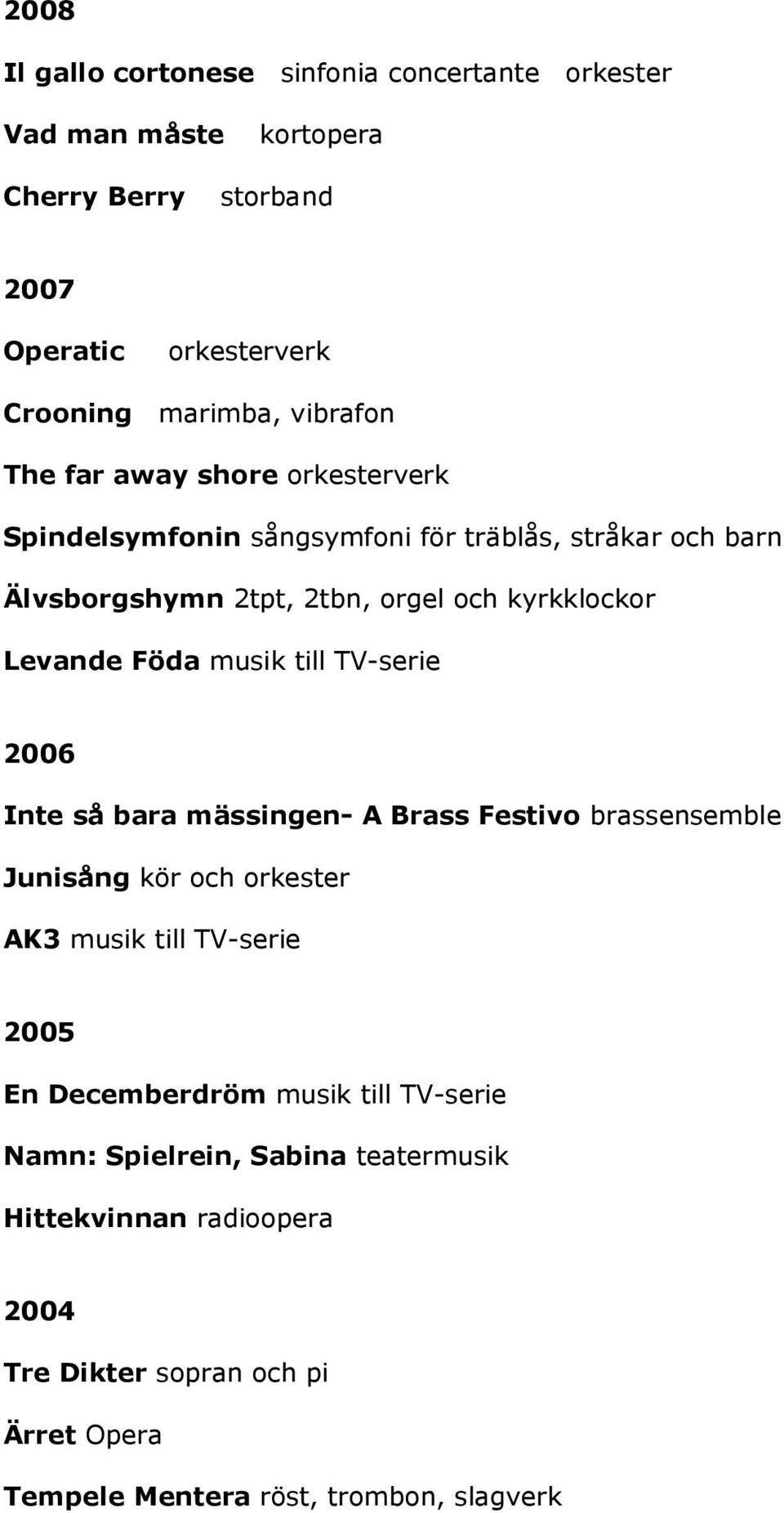 musik till TV-serie 2006 Inte så bara mässingen- A Brass Festivo brassensemble Junisång kör och orkester AK3 musik till TV-serie 2005 En Decemberdröm