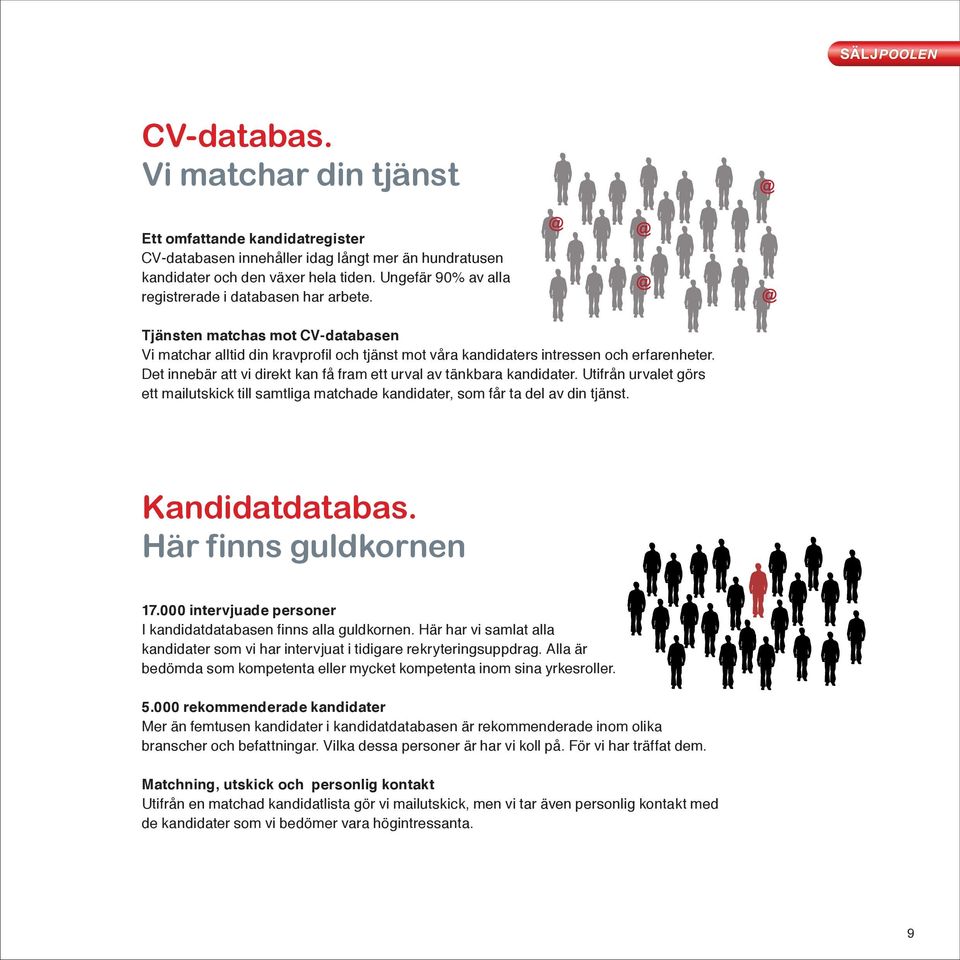 Det innebär att vi direkt kan få fram ett urval av tänkbara kandidater. Utifrån urvalet görs ett mailutskick till samtliga matchade kandidater, som får ta del av din tjänst. Kandidatdatabas.