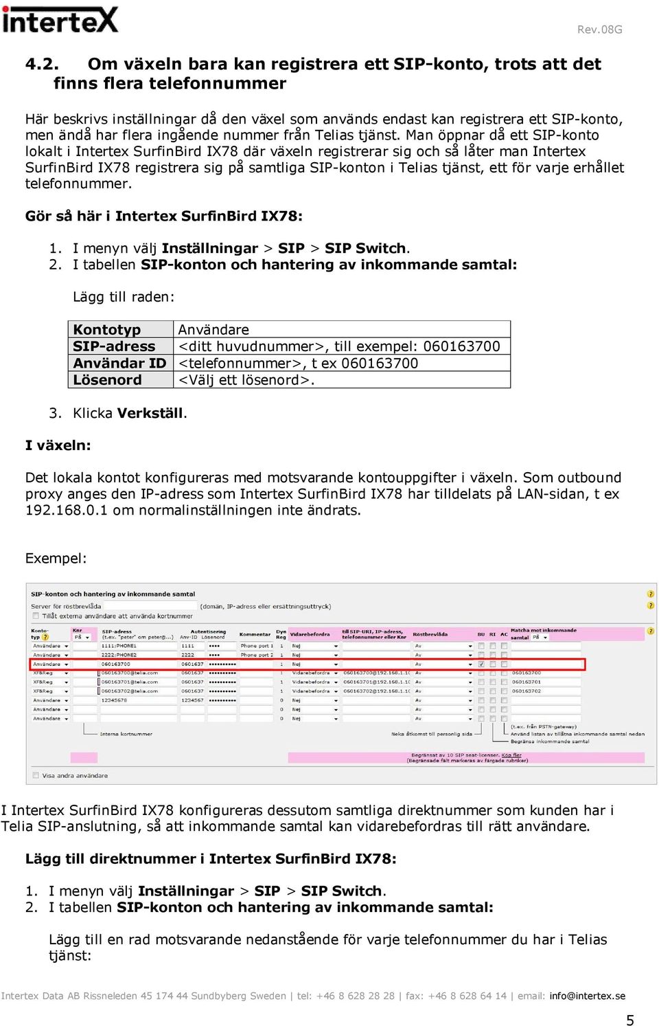 Man öppnar då ett SIP-konto lokalt i Intertex SurfinBird IX78 där växeln registrerar sig och så låter man Intertex SurfinBird IX78 registrera sig på samtliga SIP-konton i Telias tjänst, ett för varje