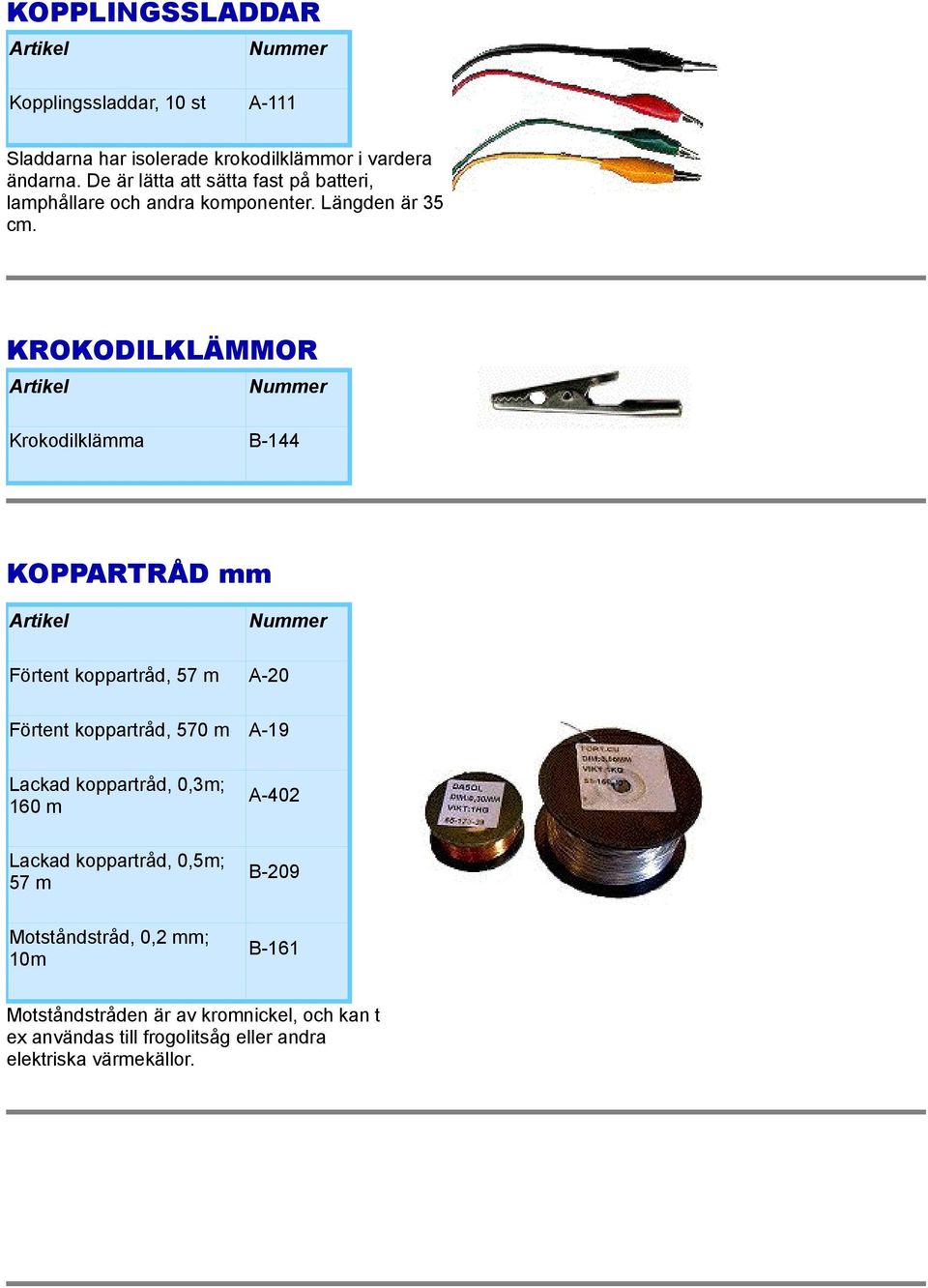 KROKODILKLÄMMOR Krokodilklämma B-144 KOPPARTRÅD mm Förtent koppartråd, 57 m A-20 Förtent koppartråd, 570 m A-19 Lackad koppartråd,