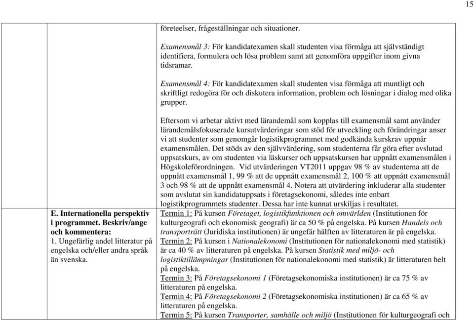 Examensmål 4: För kandidatexamen skall studenten visa förmåga att muntligt och skriftligt redogöra för och diskutera information, problem och lösningar i dialog med olika grupper. E.