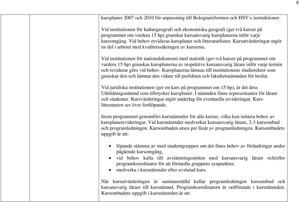 Vid behov revideras kursplaner och litteraturlistor. Kursutvärderingar utgör en del i arbetet med kvalitetssäkringen av kurserna.