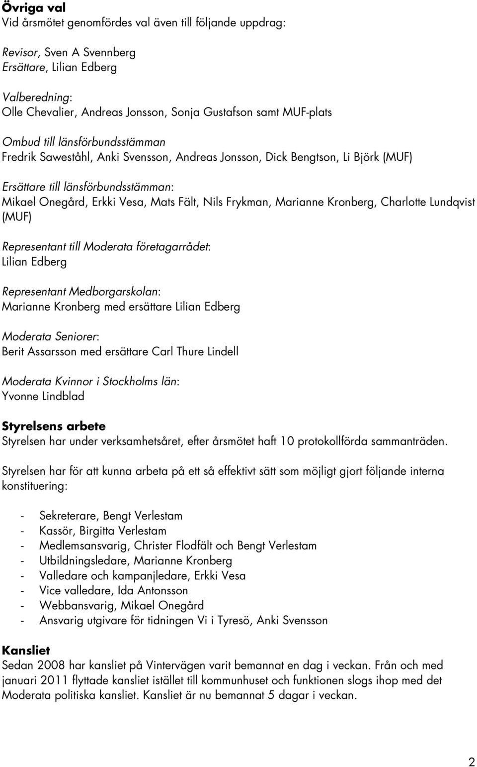 Frykman, Marianne Kronberg, Charlotte Lundqvist (MUF) Representant till Moderata företagarrådet: Lilian Edberg Representant Medborgarskolan: Marianne Kronberg med ersättare Lilian Edberg Moderata