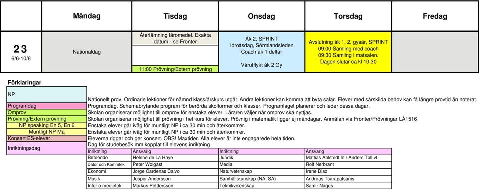 Samling i matsalen. Dagen slutar ca kl 10:30 Förklaringar NP Programdag Omprov Prövning/Extern prövning NP speaking En 5, En 6 Muntligt NP Ma Konsert ES-elever Inriktningsdag Nationellt prov.
