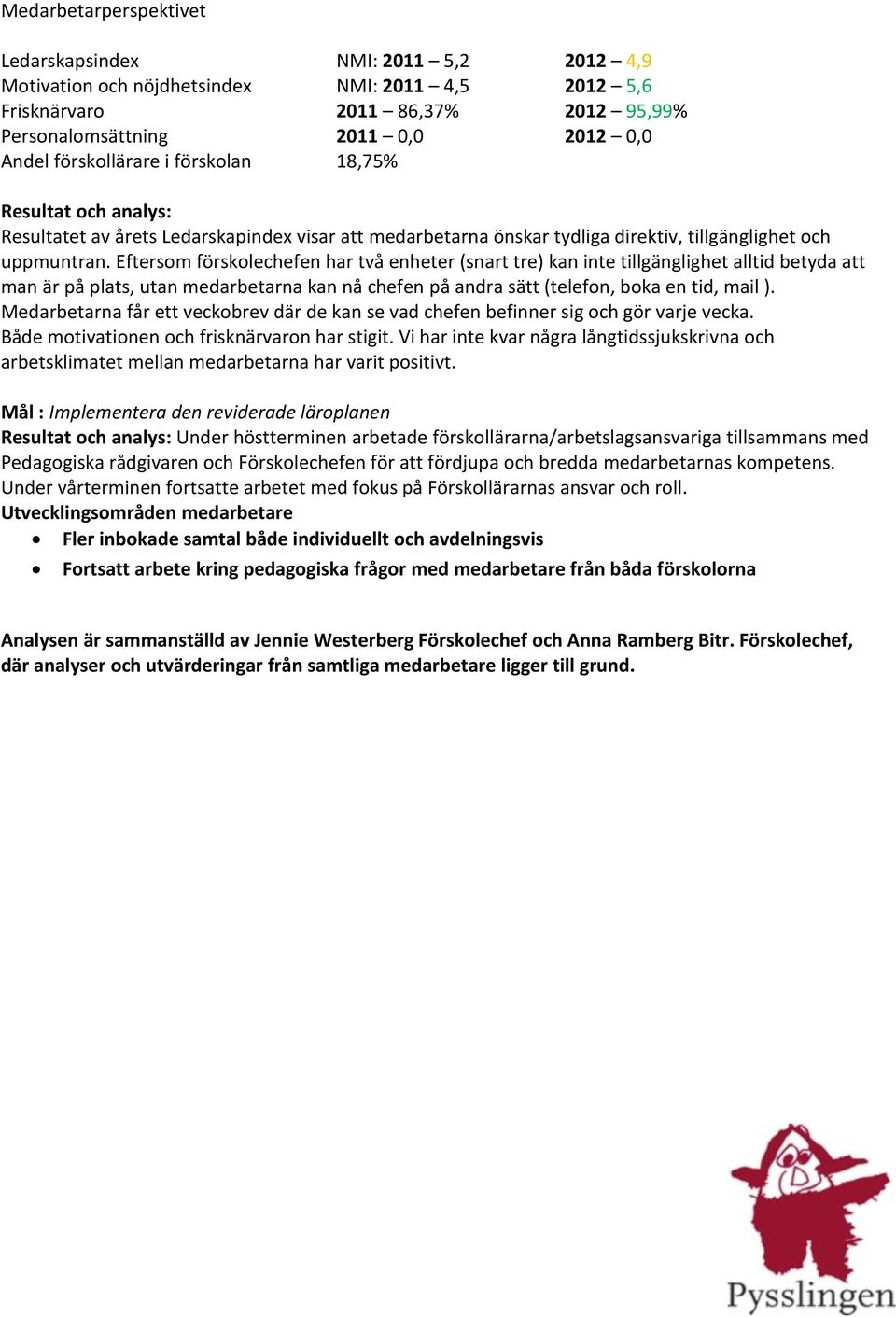 Eftersom förskolechefen har två enheter (snart tre) kan inte tillgänglighet alltid betyda att man är på plats, utan medarbetarna kan nå chefen på andra sätt (telefon, boka en tid, mail ).