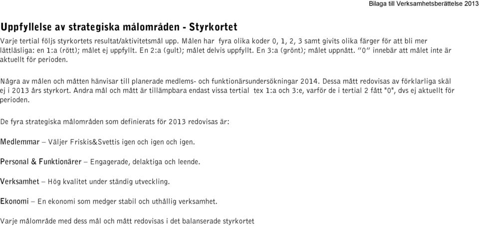 0 innebär att målet inte är aktuellt för perioden. Några av målen och måtten hänvisar till planerade medlems- och funktionärsundersökningar 2014.