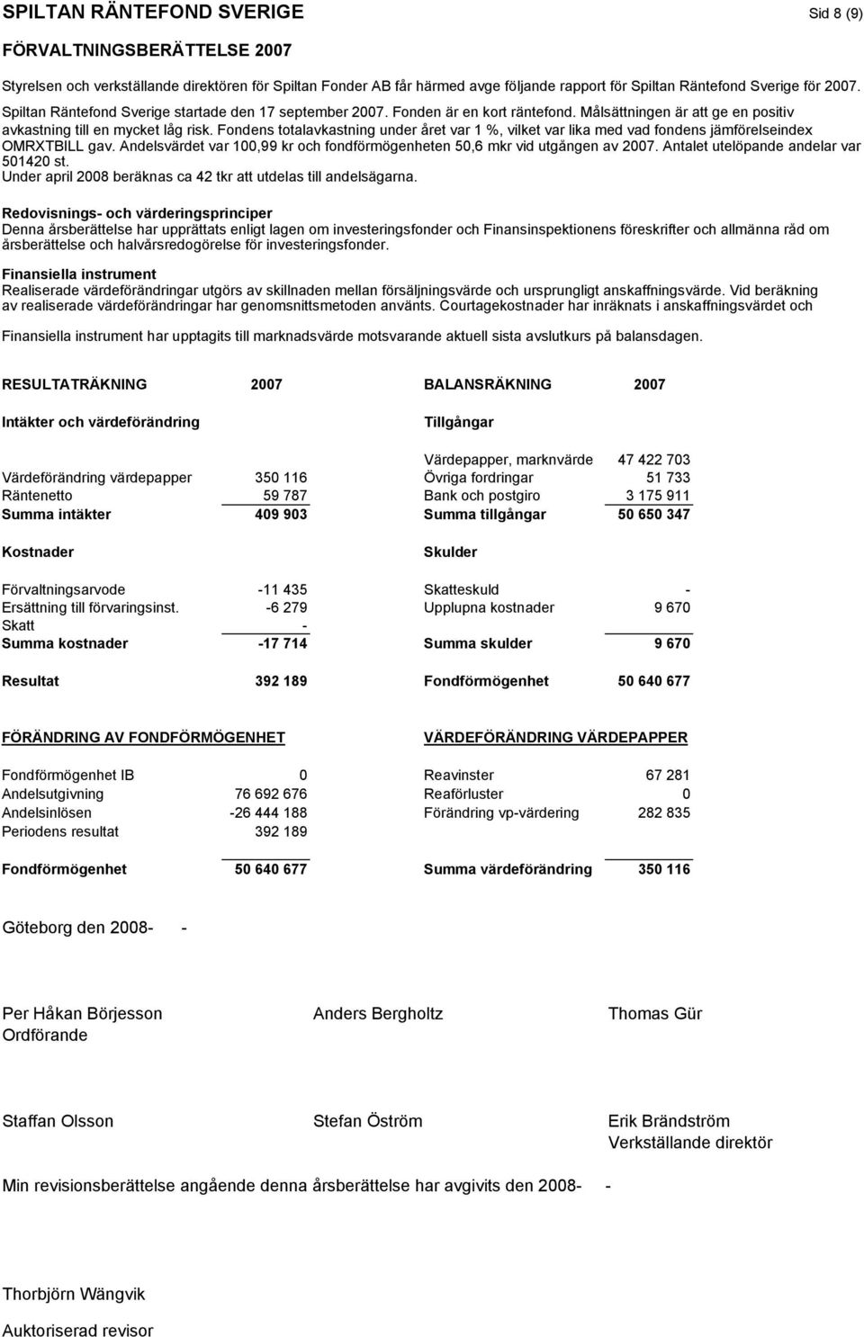 Fondens totalavkastning under året var 1 %, vilket var lika med vad fondens jämförelseindex OMRXTBILL gav. Andelsvärdet var 100,99 kr och fondförmögenheten 50,6 mkr vid utgången av 2007.