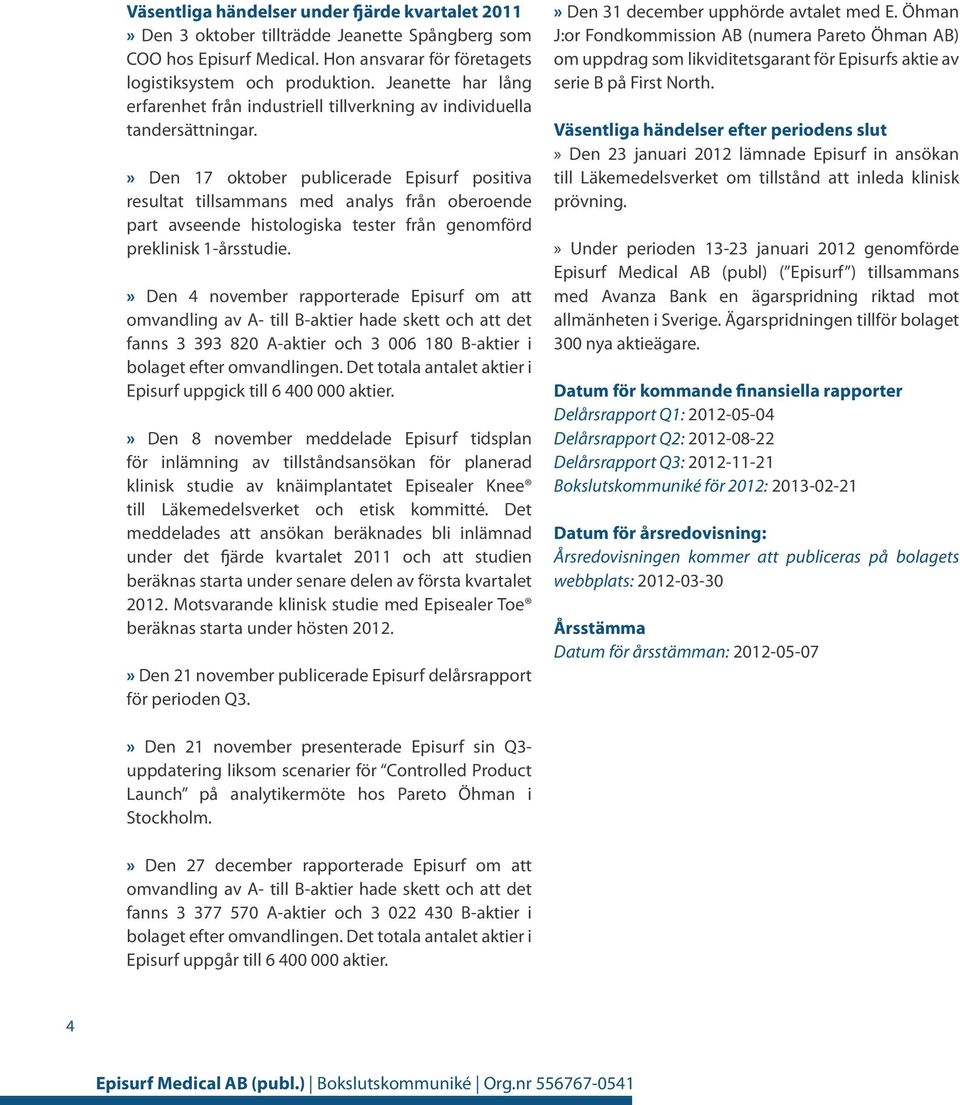 » Den 17 oktober publicerade Episurf positiva resultat tillsammans med analys från oberoende part avseende histologiska tester från genomförd preklinisk 1årsstudie.