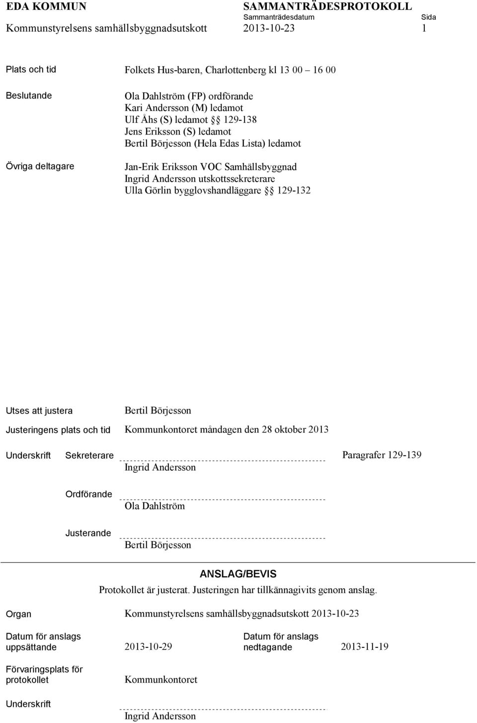bygglovshandläggare 129-132 Utses att justera Bertil Börjesson Justeringens plats och tid Kommunkontoret måndagen den 28 oktober 2013 Underskrift Sekreterare Paragrafer 129-139 Ingrid Andersson