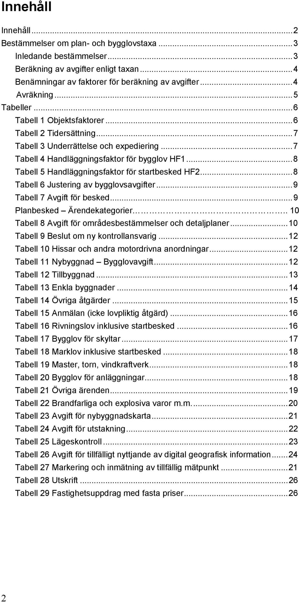 ..8 Tabell 5 Handläggningsfaktor för startbesked HF2...8 Tabell 6 Justering av bygglovsavgifter...9 Tabell 7 Avgift för besked...9 Planbesked Ärendekategorier.