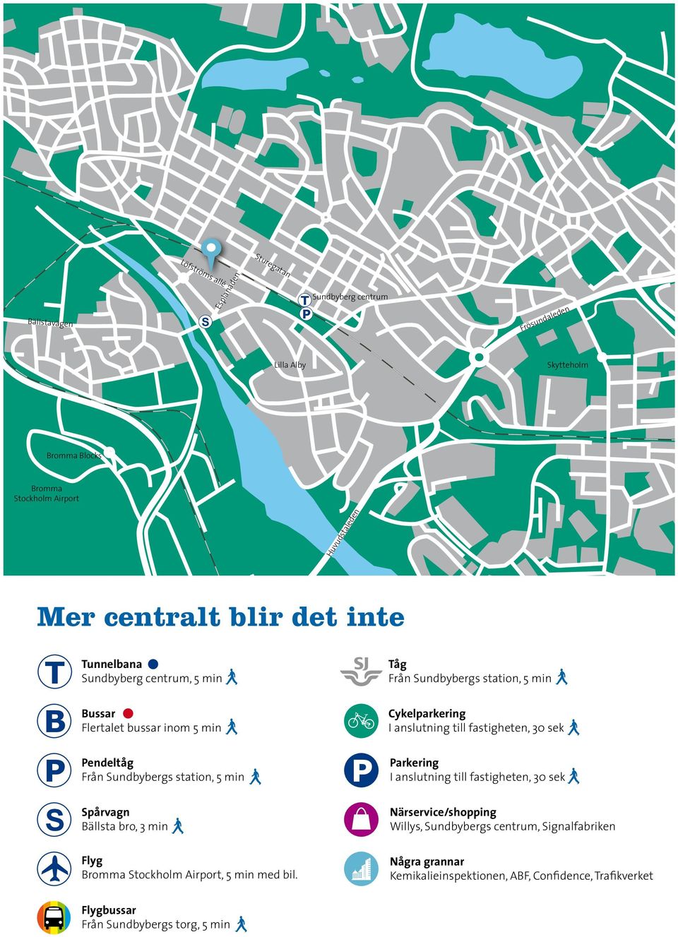 5 min Spårvagn Bällsta bro, 3 min Flyg Bromma Stockholm Airport, 5 min med bil.