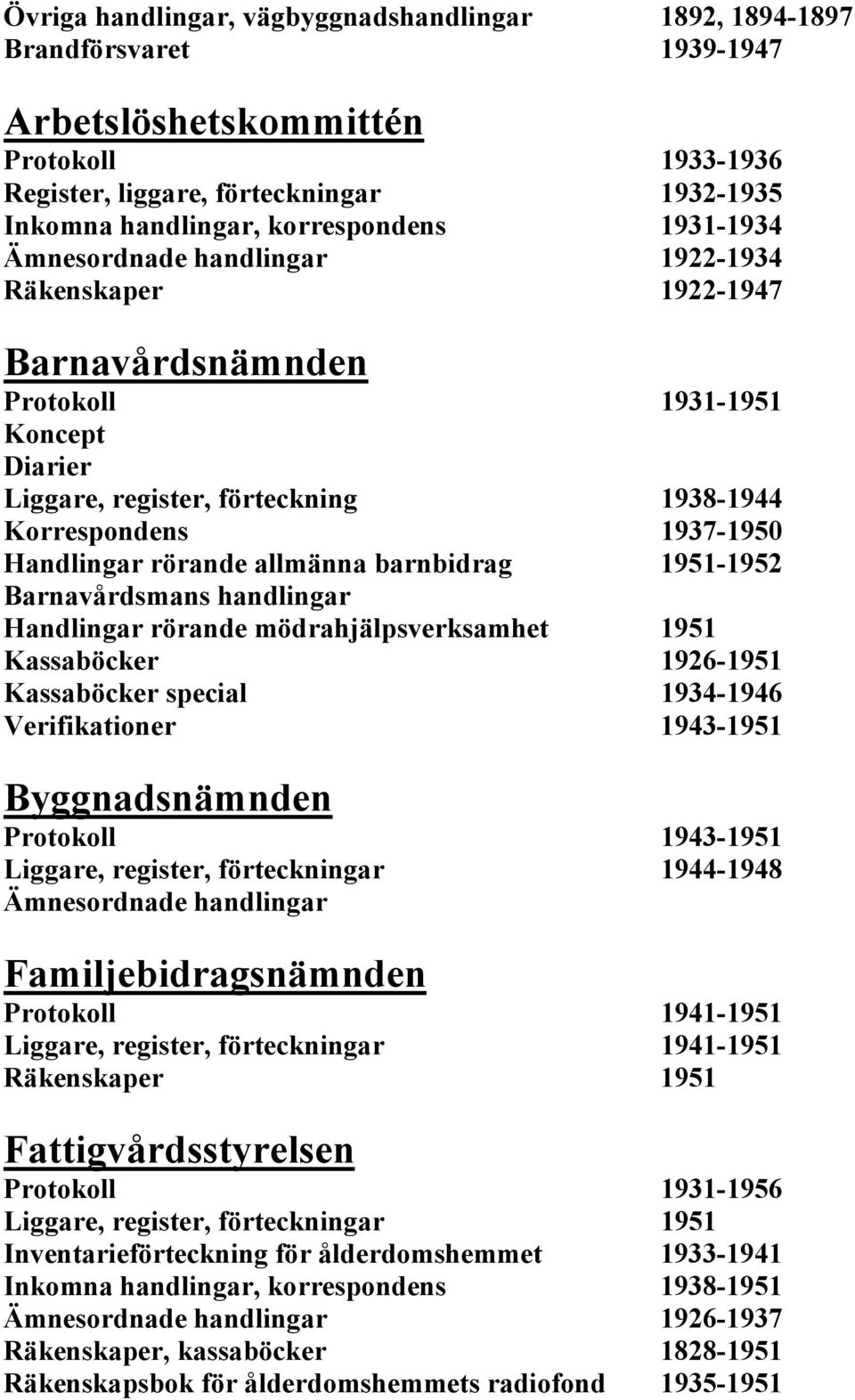 Handlingar rörande allmänna barnbidrag 1951-1952 Barnavårdsmans handlingar Handlingar rörande mödrahjälpsverksamhet 1951 Kassaböcker 1926-1951 Kassaböcker special 1934-1946 Verifikationer 1943-1951