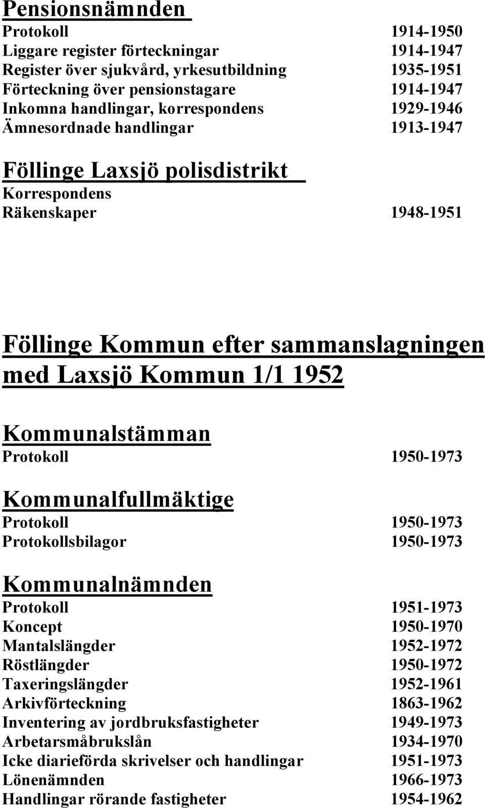 Kommunalstämman Protokoll 1950-1973 Kommunalfullmäktige Protokoll 1950-1973 Protokollsbilagor 1950-1973 Kommunalnämnden Protokoll 1951-1973 Koncept 1950-1970 Mantalslängder 1952-1972 Röstlängder