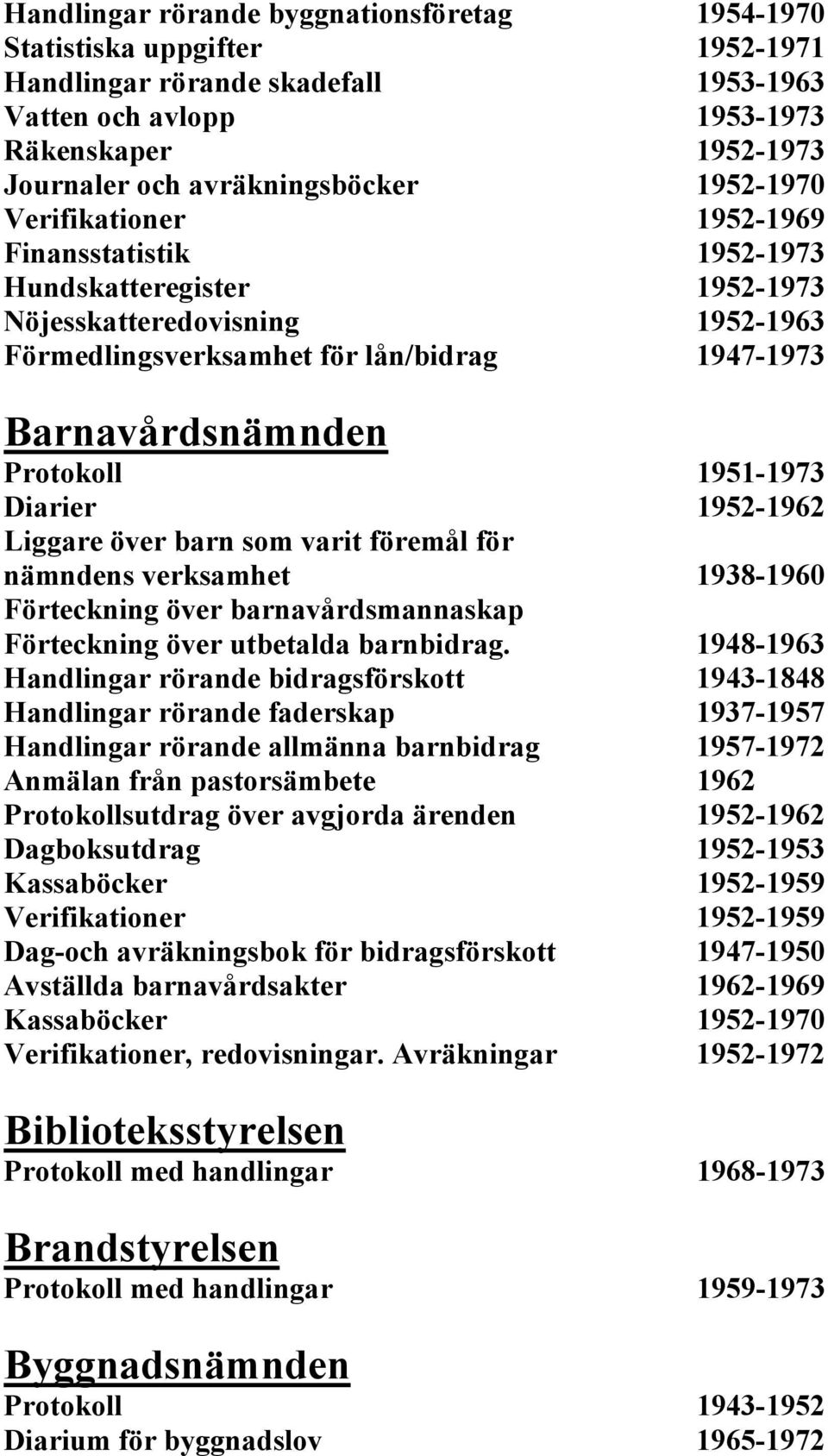 1951-1973 Diarier 1952-1962 Liggare över barn som varit föremål för nämndens verksamhet 1938-1960 Förteckning över barnavårdsmannaskap Förteckning över utbetalda barnbidrag.