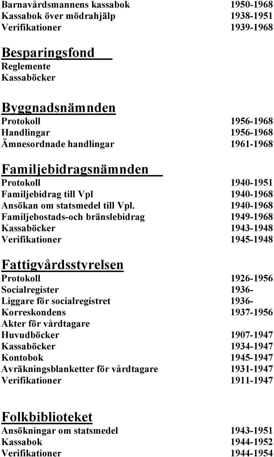 1940-1968 Familjebostads-och bränslebidrag 1949-1968 Kassaböcker 1943-1948 Verifikationer 1945-1948 Fattigvårdsstyrelsen Protokoll 1926-1956 Socialregister 1936- Liggare för socialregistret 1936-