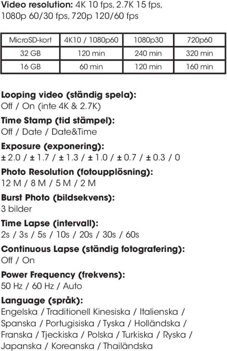 7K) Time Stamp (tid stämpel): Off / Date / Date&Time Exposure (exponering): ± 2.0 / ± 1.7 / ± 1.3 / ± 1.0 / ± 0.7 / ± 0.