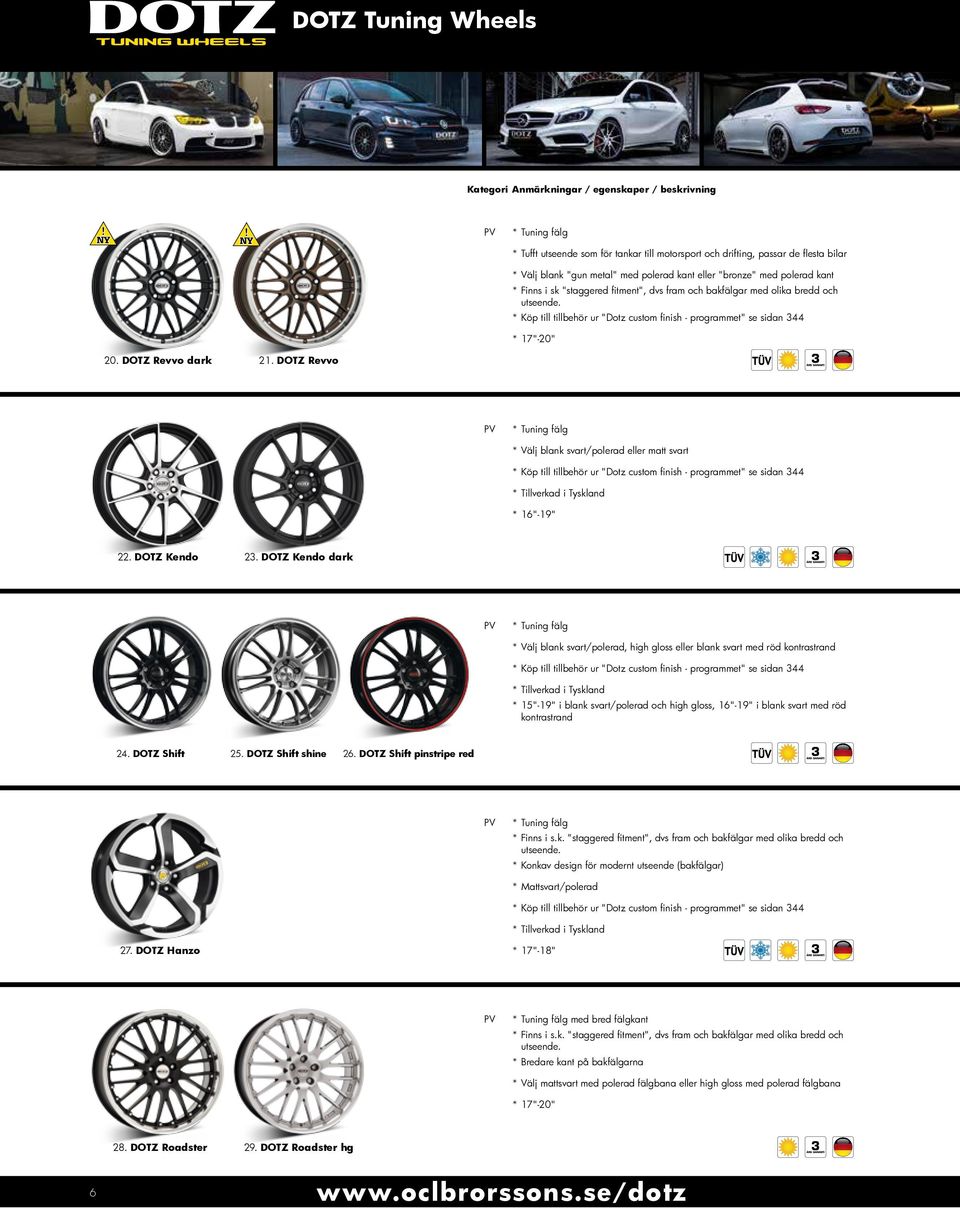 "staggered fitment", dvs fram och bakfälgar med olika bredd och * Köp till tillbehör ur "Dotz custom finish - programmet" se sidan 44 * 17"-0" 0. DOTZ Revvo dark 1.