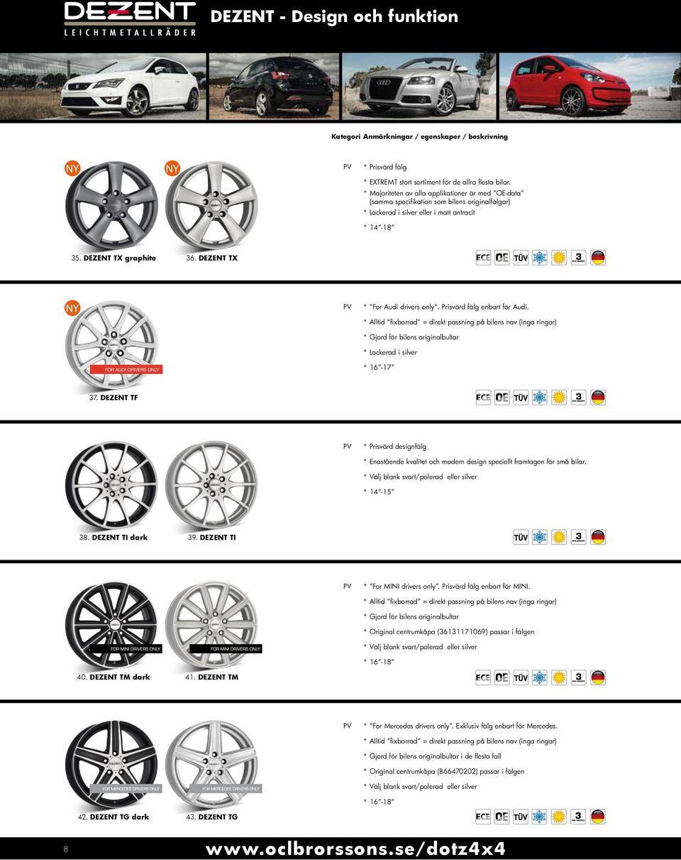 DEZENT TX * "For Audi drivers only". Prisvärd fälg enbart för Audi. * Lackerad i silver * 16-17 7. DEZENT TF * Enastående kvalitet och modern design speciellt framtagen för små bilar.