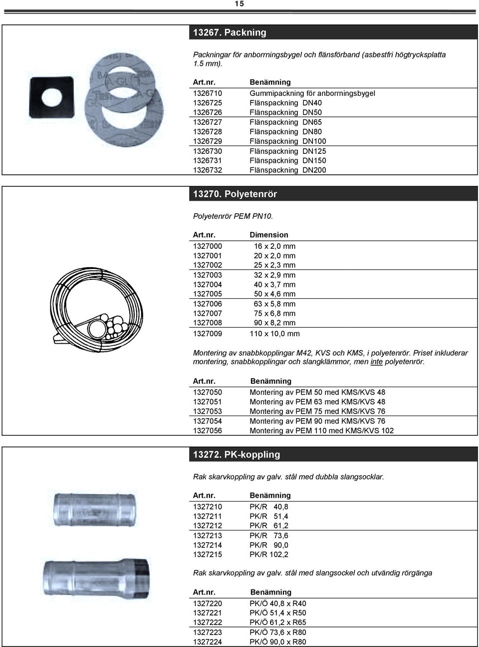 Flänspackning DN125 Flänspackning DN1 Flänspackning DN200 13270. Polyetenrör Polyetenrör PEM PN10.