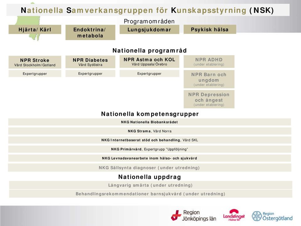 ångest (under etablering) Nationella kompetensgrupper NKG Nationella Biobanksrådet NKG Strama, Värd Norra NKG Internetbaserat stöd och behandling, Värd SKL NKG Primärvård, Expertgrupp