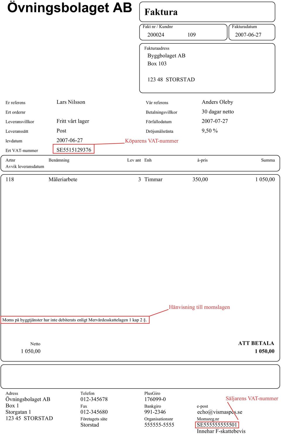 Artnr Benämning Lev ant Enh à-pris Summa Avvik leveransdatum 118 Måleriarbete 3 Timmar 350,00 1 050,00 Hänvisning till momslagen Moms på byggtjänster har inte debiterats enligt Mervärdesskattelagen 1