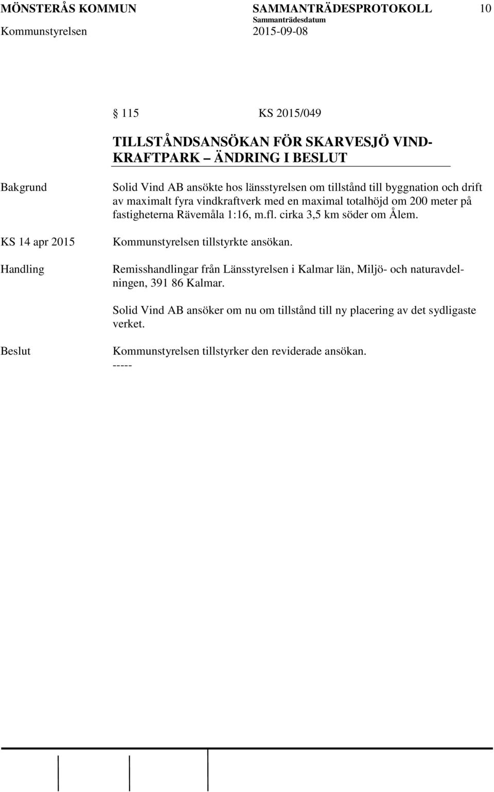 cirka 3,5 km söder om Ålem. Kommunstyrelsen tillstyrkte ansökan.