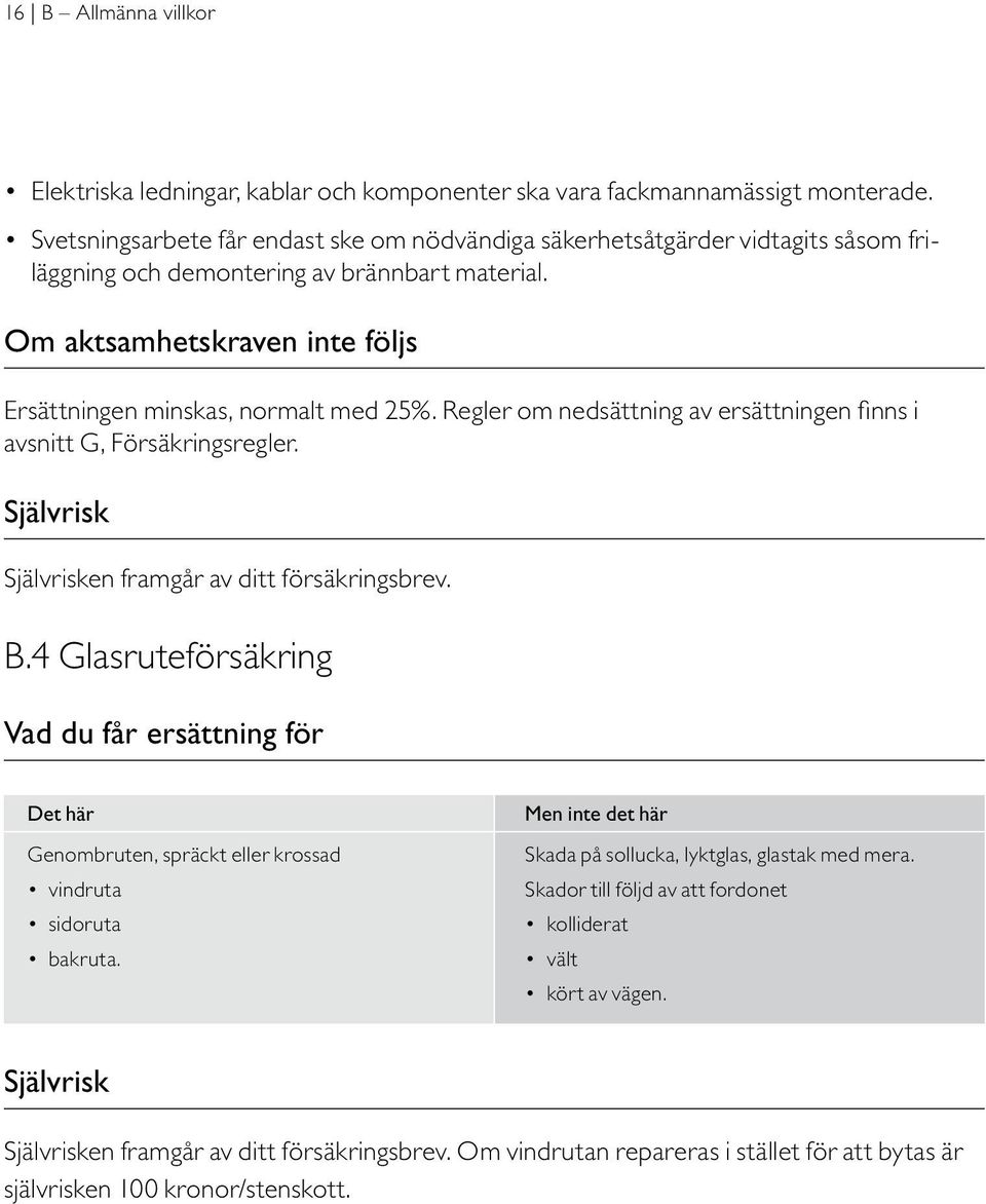 Regler om nedsättning av ersättningen finns i avsnitt G, Försäkringsregler. Självrisk Självrisken framgår av ditt försäkringsbrev. B.