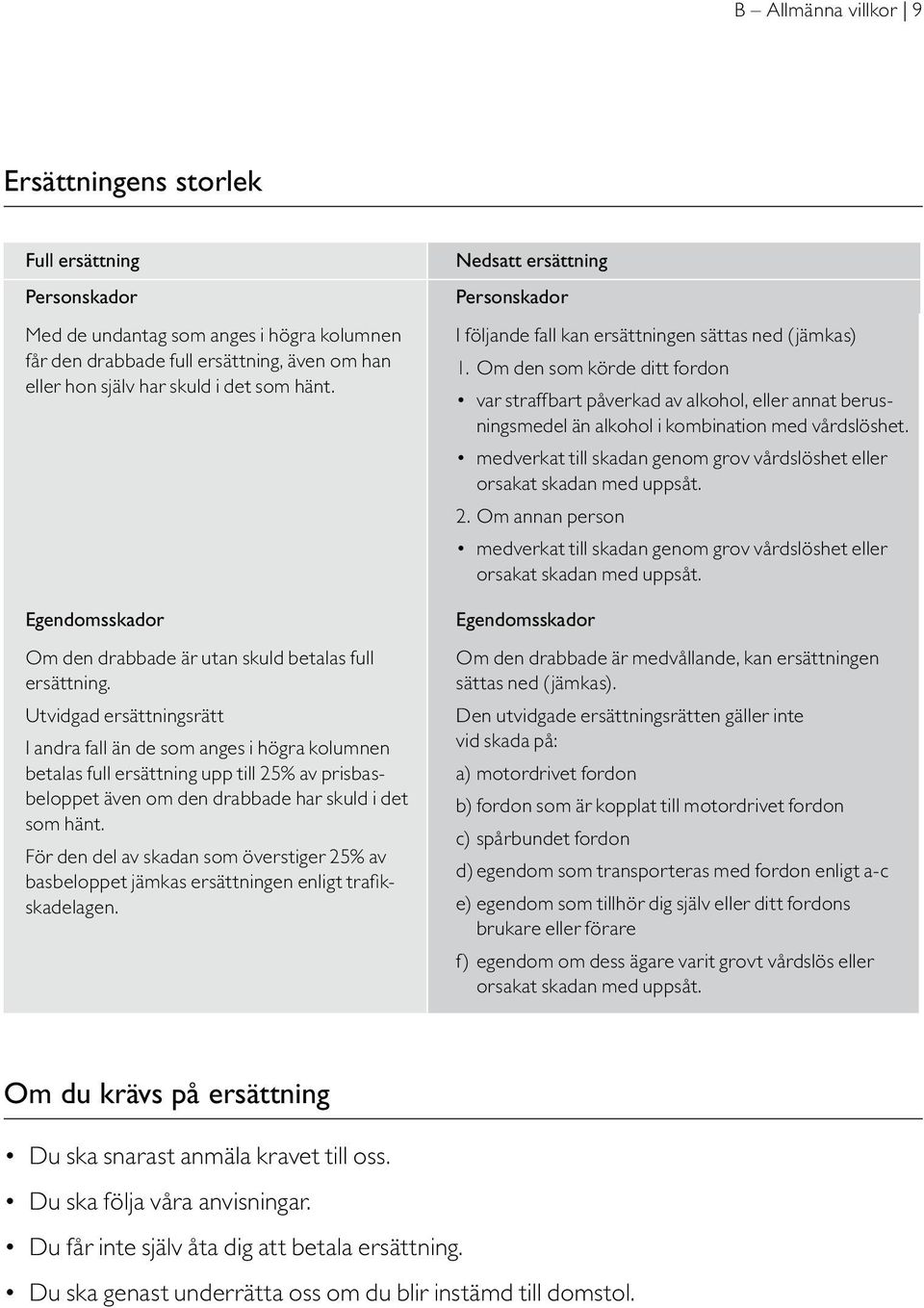 Utvidgad ersättningsrätt I andra fall än de som anges i högra kolumnen betalas full ersättning upp till 25% av prisbasbeloppet även om den drabbade har skuld i det som hänt.